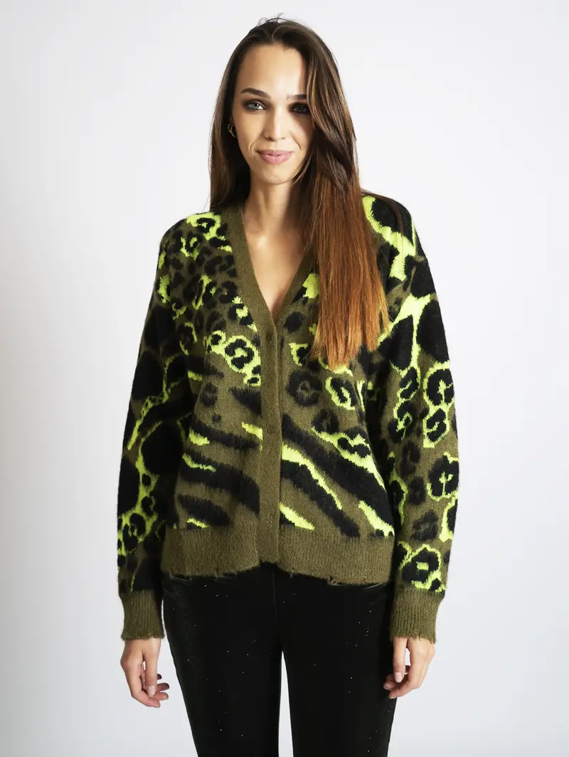 Acid Green And Army Jacquard Cardigan 1
