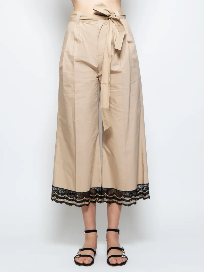 Beige And Black Cropped Pants With Macramé Lace Trim 1