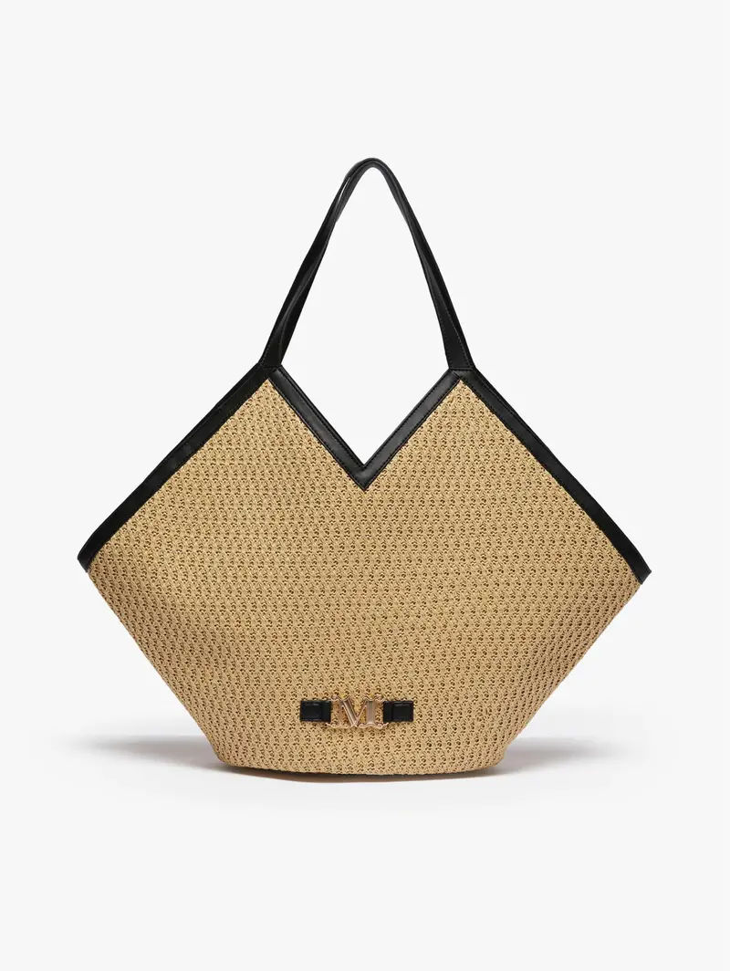 Beige And Black Raffia Shopping Tote 1