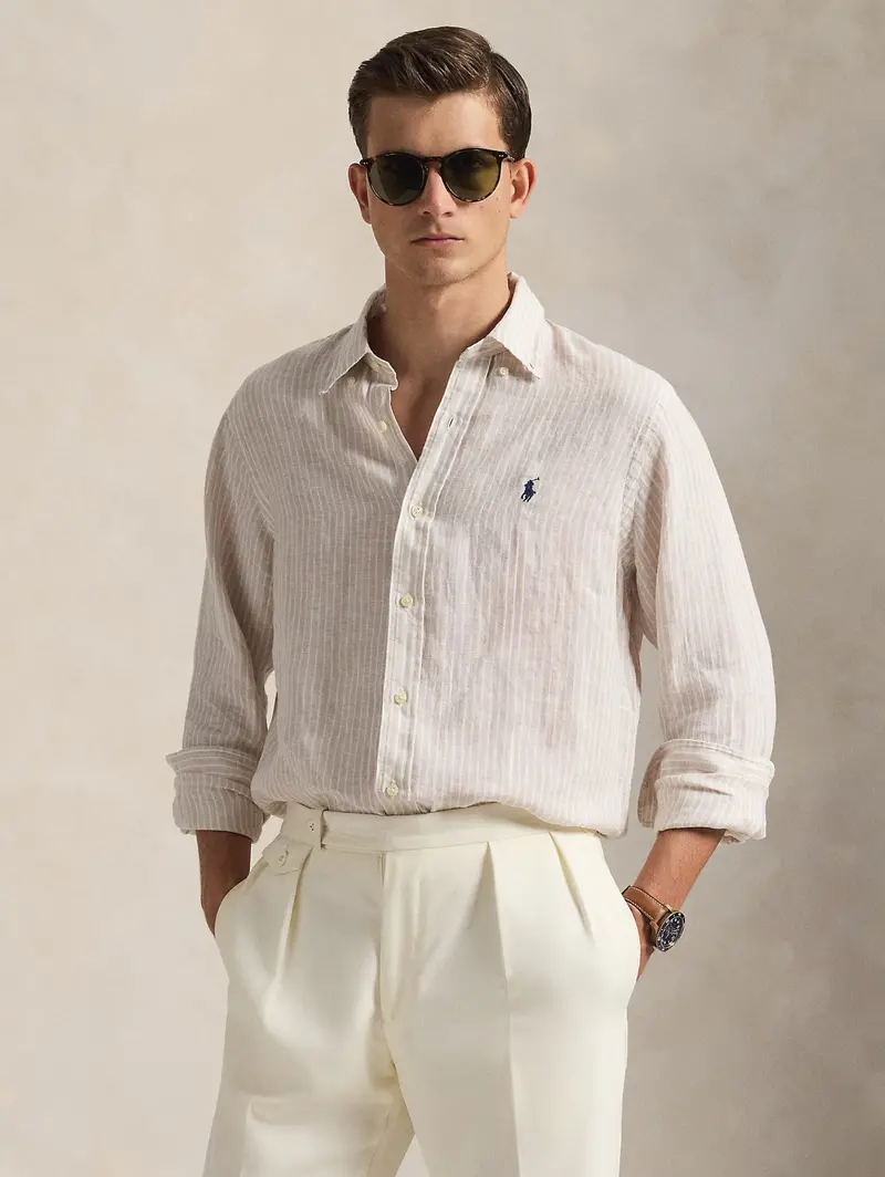 Beige-And-White Striped Linen Shirt – Custom Fit 1