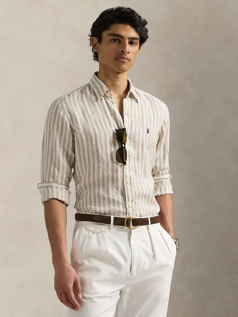 Beige-And-White Wide-Stripe Linen Shirt – Custom Fit 1