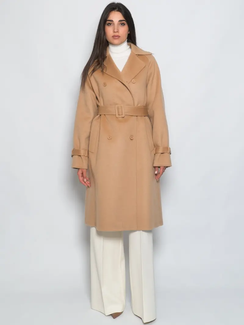 Beige Double-Breasted Wool Trench Coat 1