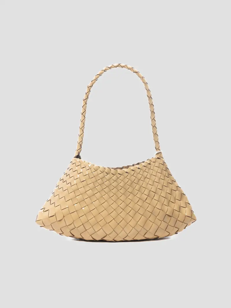 Beige Glossy Patent Rosanna Mini Woven Leather Baguette Bag 1
