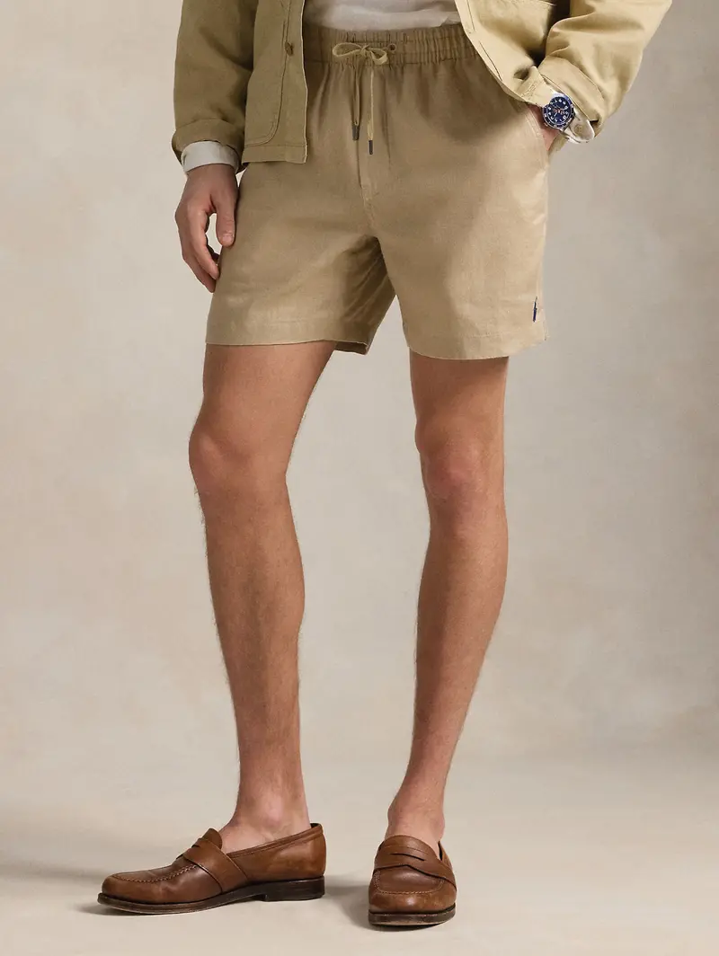 Beige Linen Elastic-Waist Bermuda Shorts 1