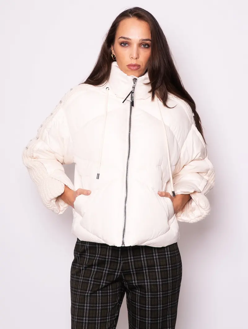 Beige Technical Fabric Puffer Jacket With Knit Trim 1
