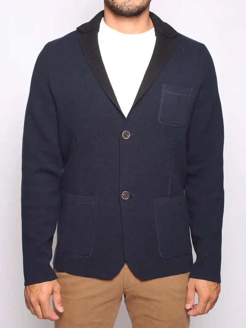 Bicolor Textured Wool Blazer In Dark Blue 1