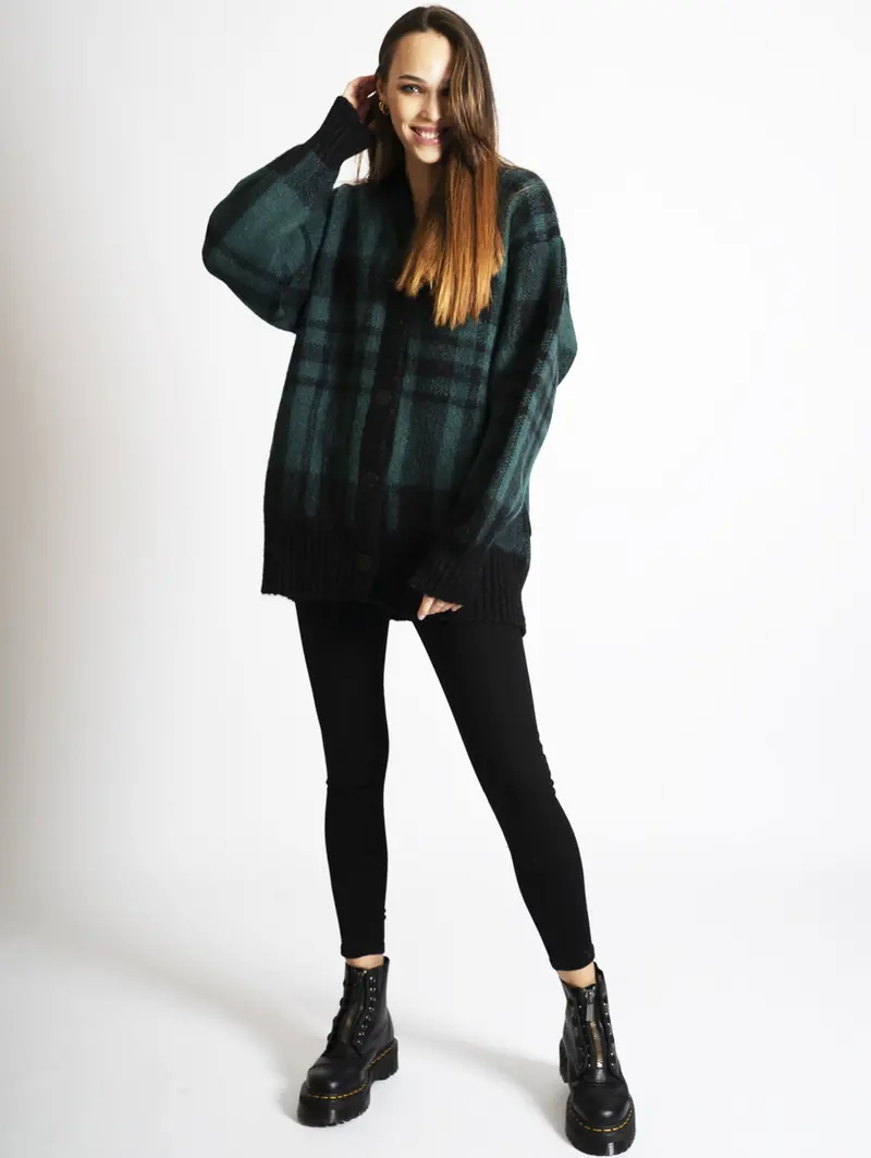 Black And Green Check Jacquard Cardigan 1