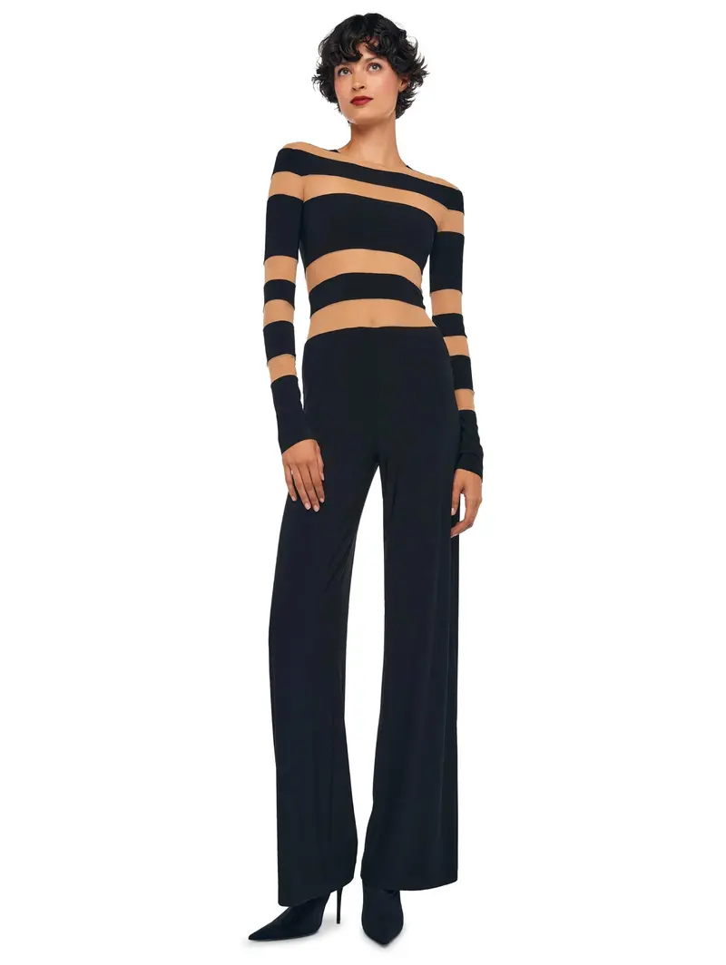 Black And Nude Mesh-Trimmed Jumpsuit 1