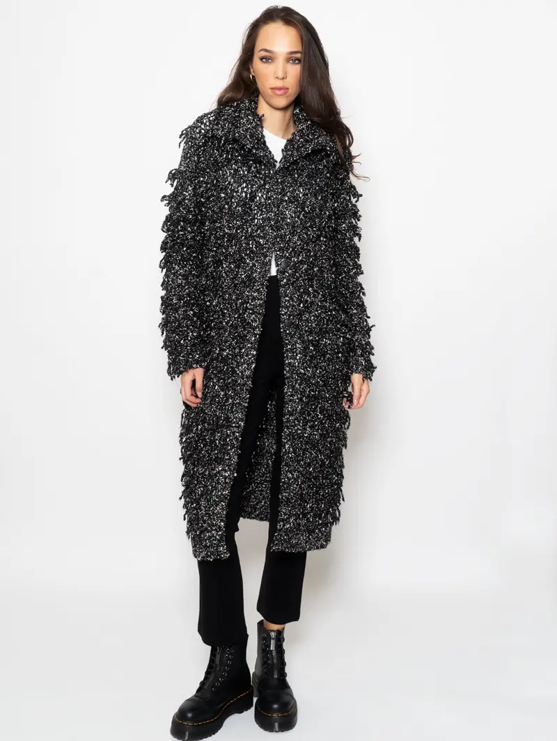 Black-And-Off-White Fringed Long Cardigan 1