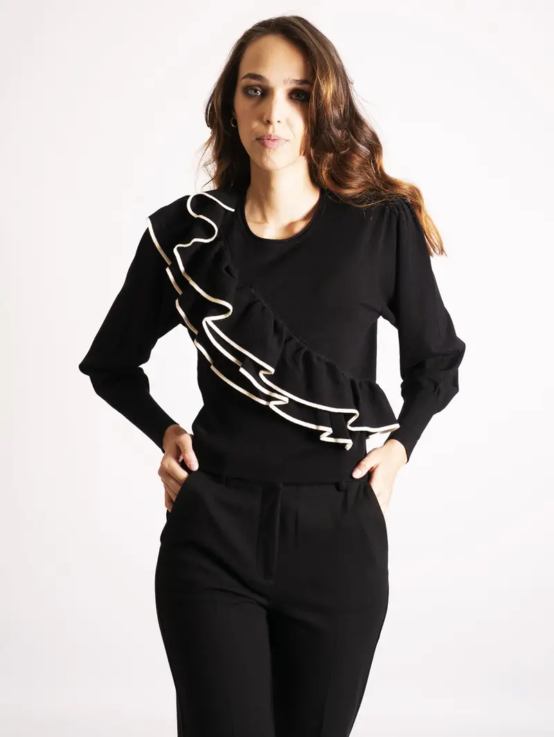 Black And White Ruffled Knit Top 1