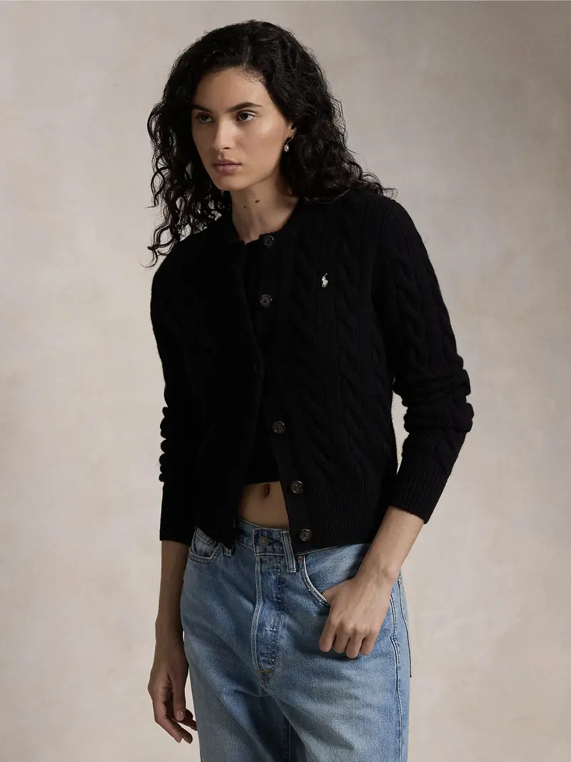 Black Cashmere-Blend Cable-Knit Cardigan 1