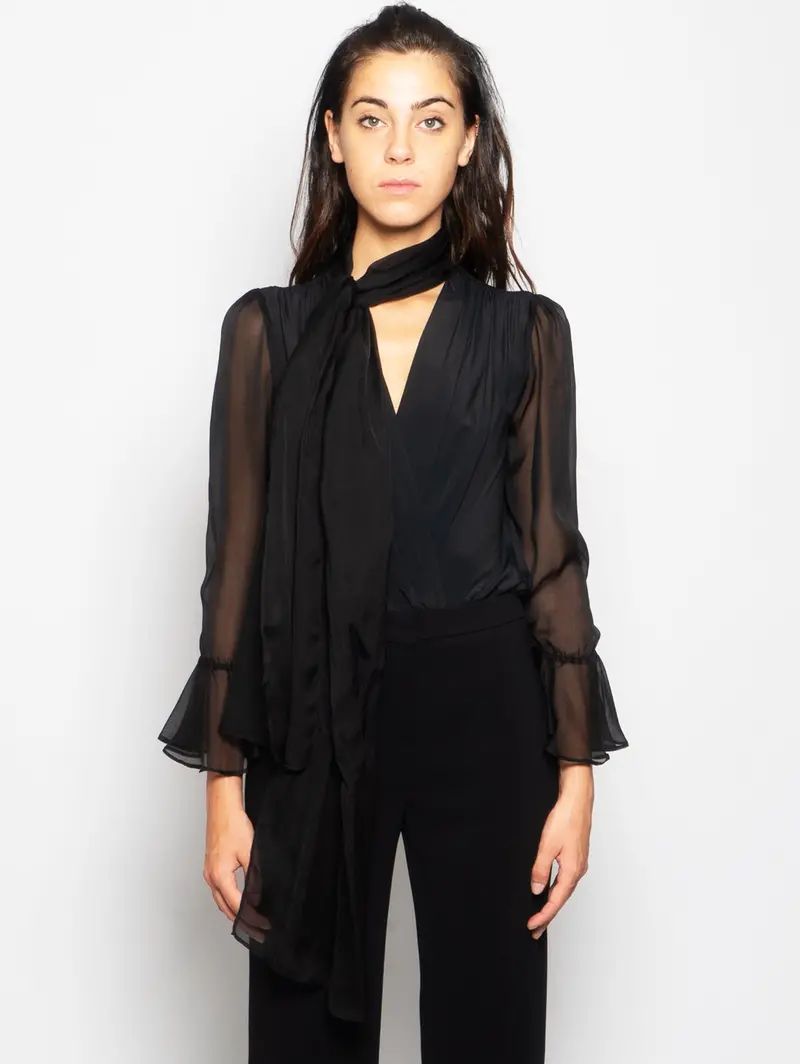 Black Chiffon Draped Bodysuit 1