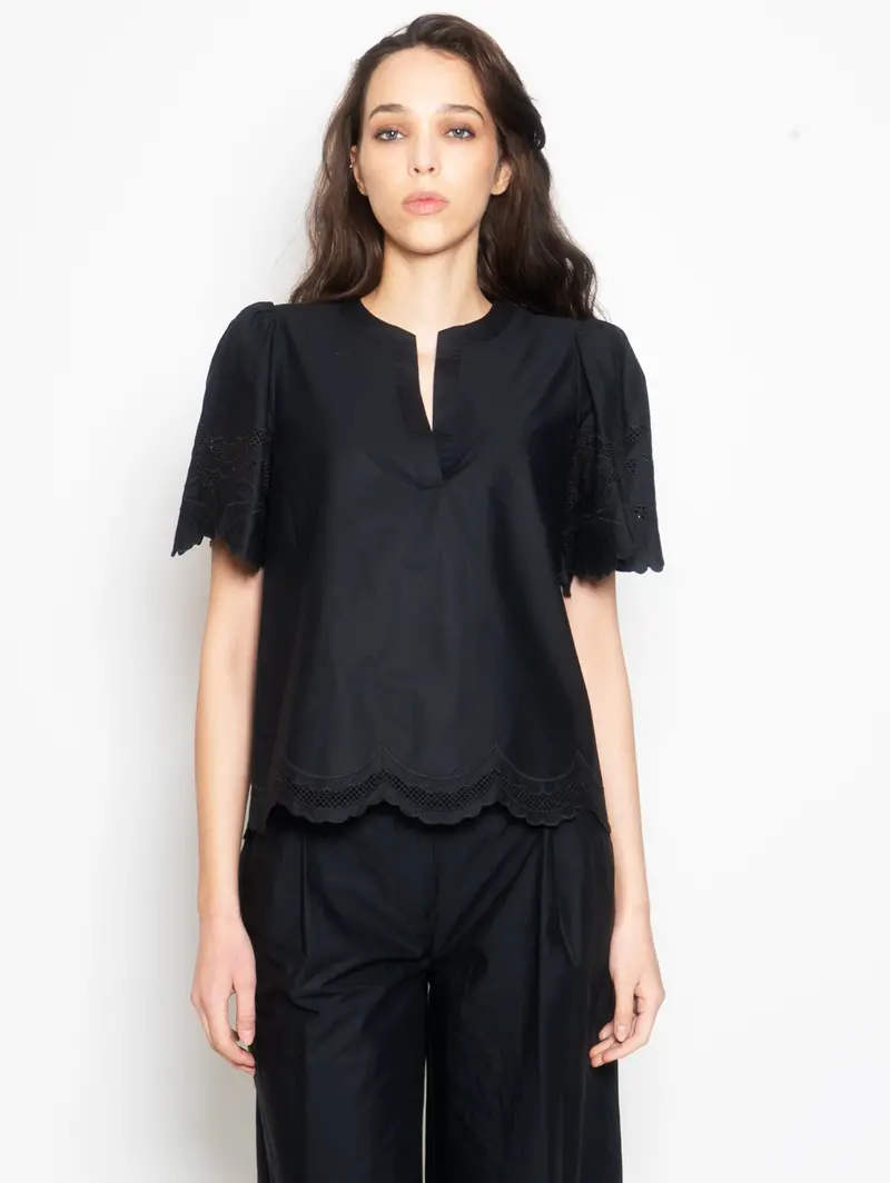 Black Cotton Blouse With Sangallo Lace Trim 1