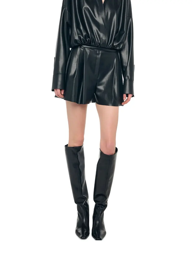 Black Eco-Leather Shorts With Front Pleats 1