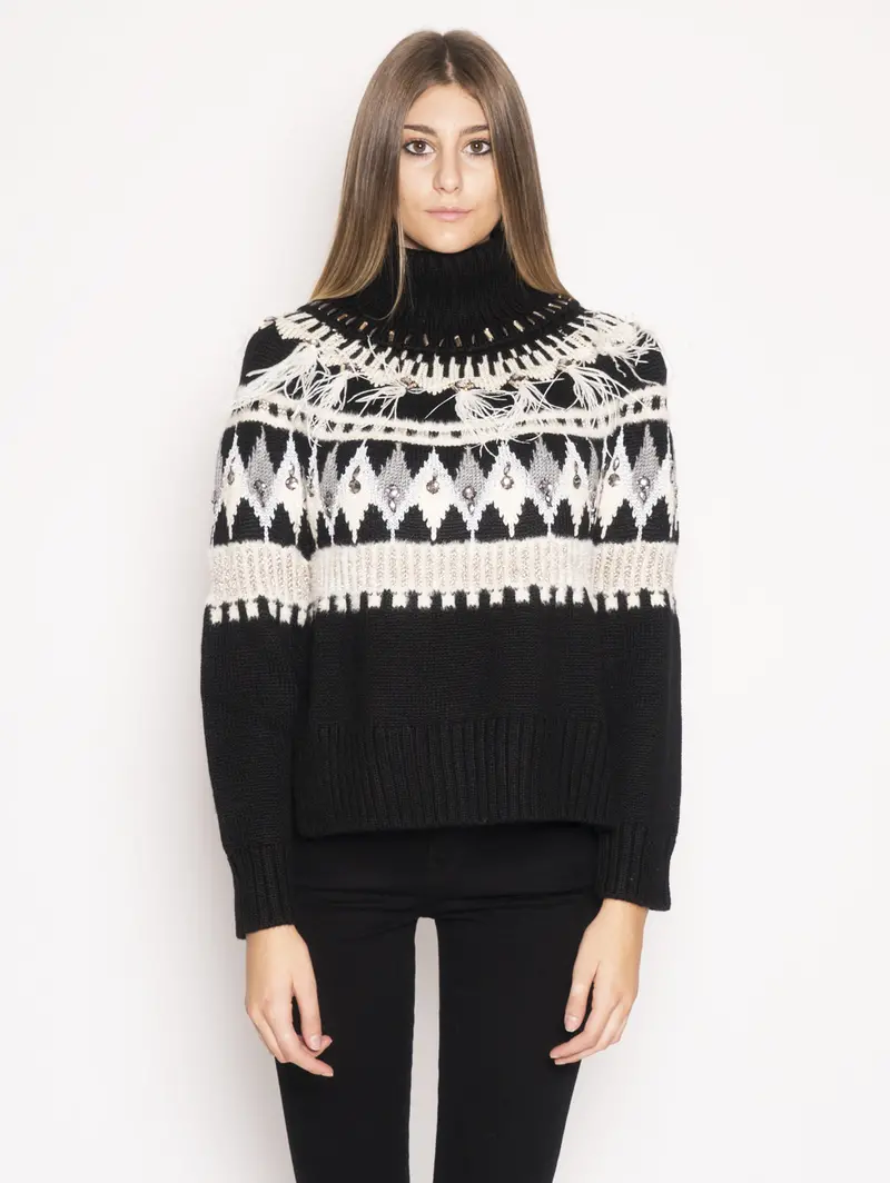 Black Embroidered Feather-Trim Top 1