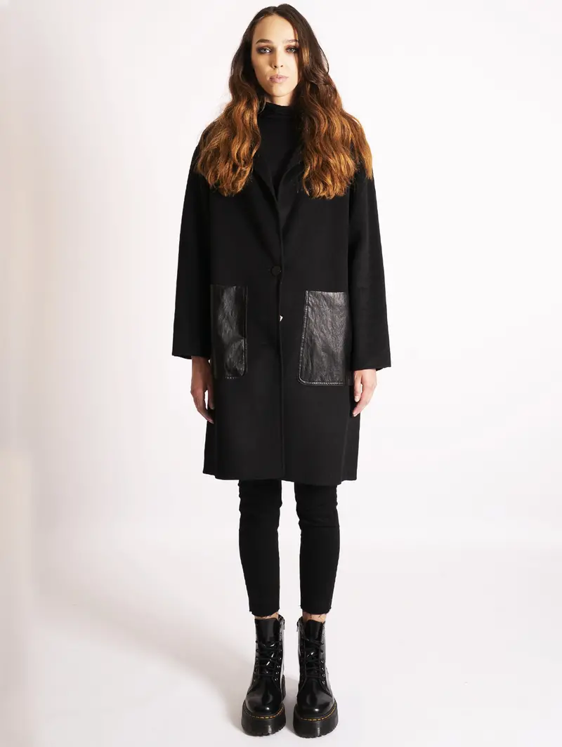 Black Faux-Leather Coat With Patch Pockets 1