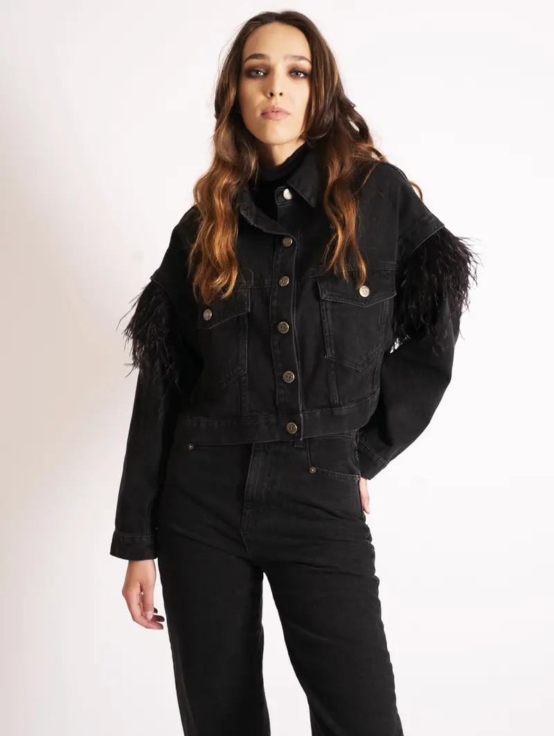 Black Feather-Embellished Denim Jacket 1