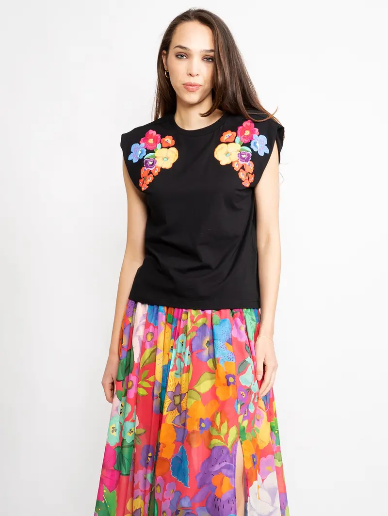 Black Floral Embroidered T-Shirt 1