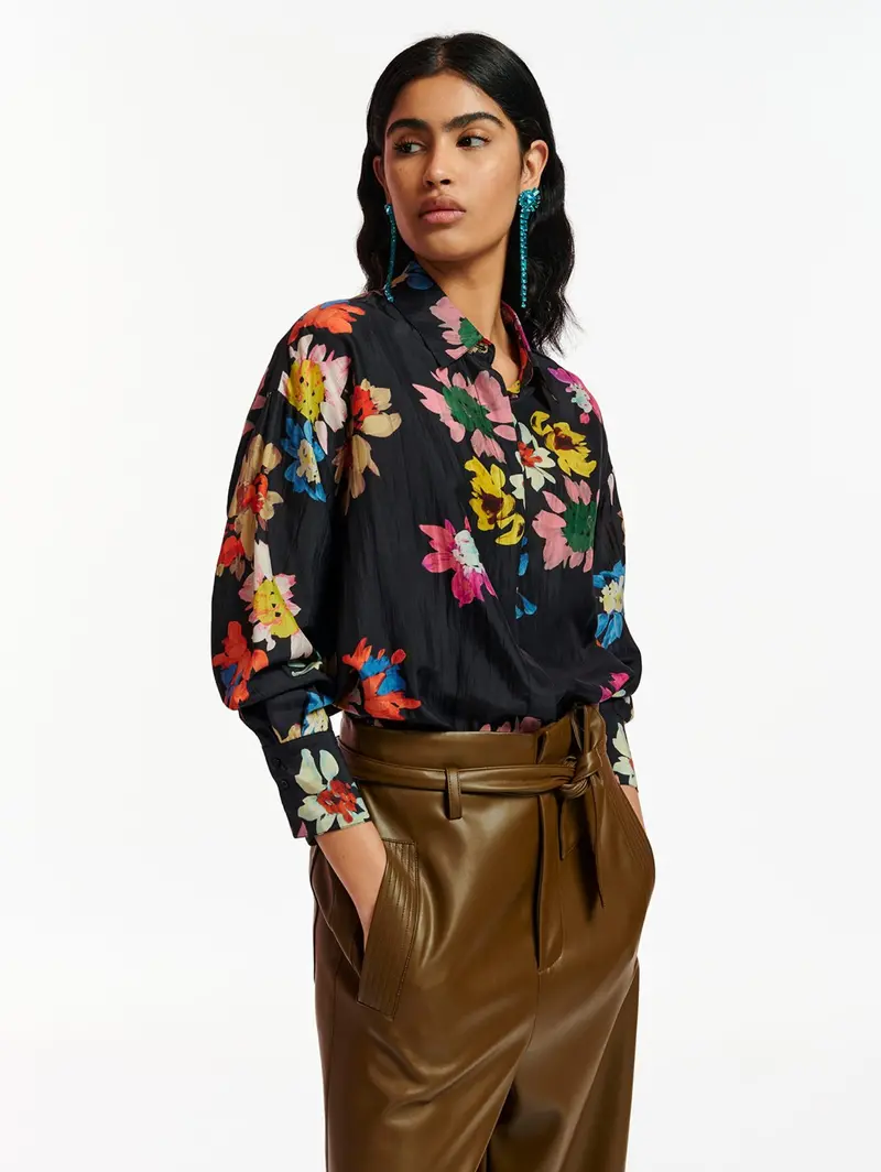 Black Floral-Print Silk Shirt 1