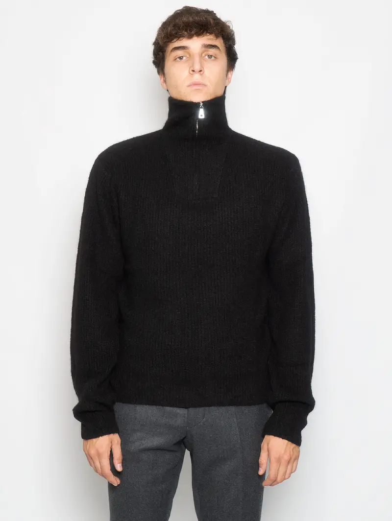 Black High-Neck Zip-Up Sweater 1