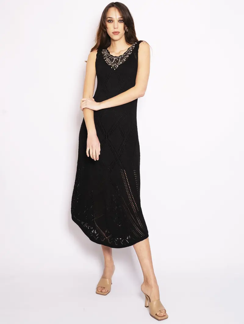 Black Knit Maxi Dress With Decorative Details 1
