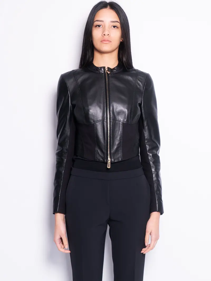 Black Leather-And-Fabric Biker Jacket 1