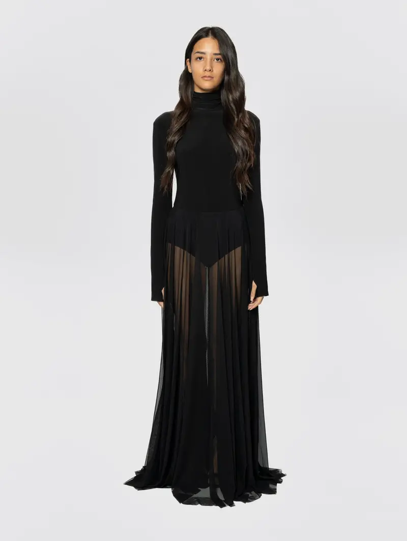 Black Long Dress Featuring Tulle Skirt And Integrated Bodysuit 1
