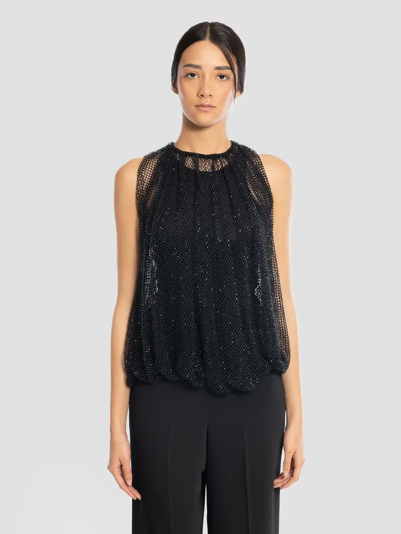 Black Mesh Top With Crystal Accents 1