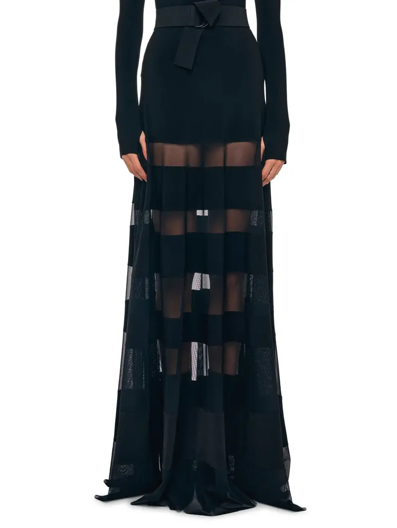 Black Midi Skirt With Semi-Sheer Mesh Inserts 1