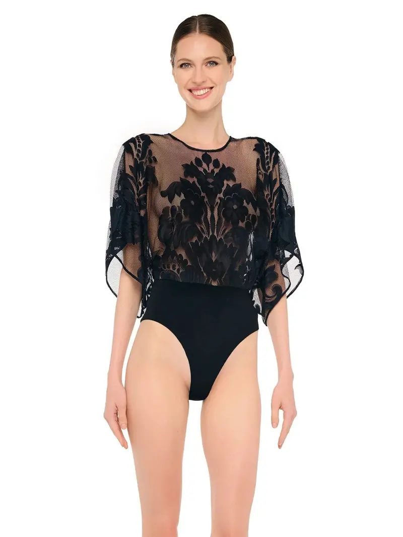 Black Reversible Damask Lace Bodysuit 1