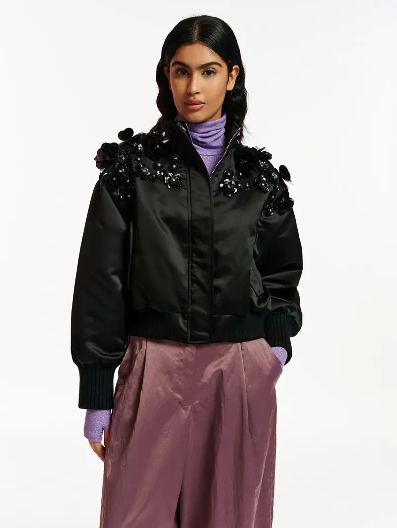 Black Satin Bomber With Sequins And Rhinestones 1