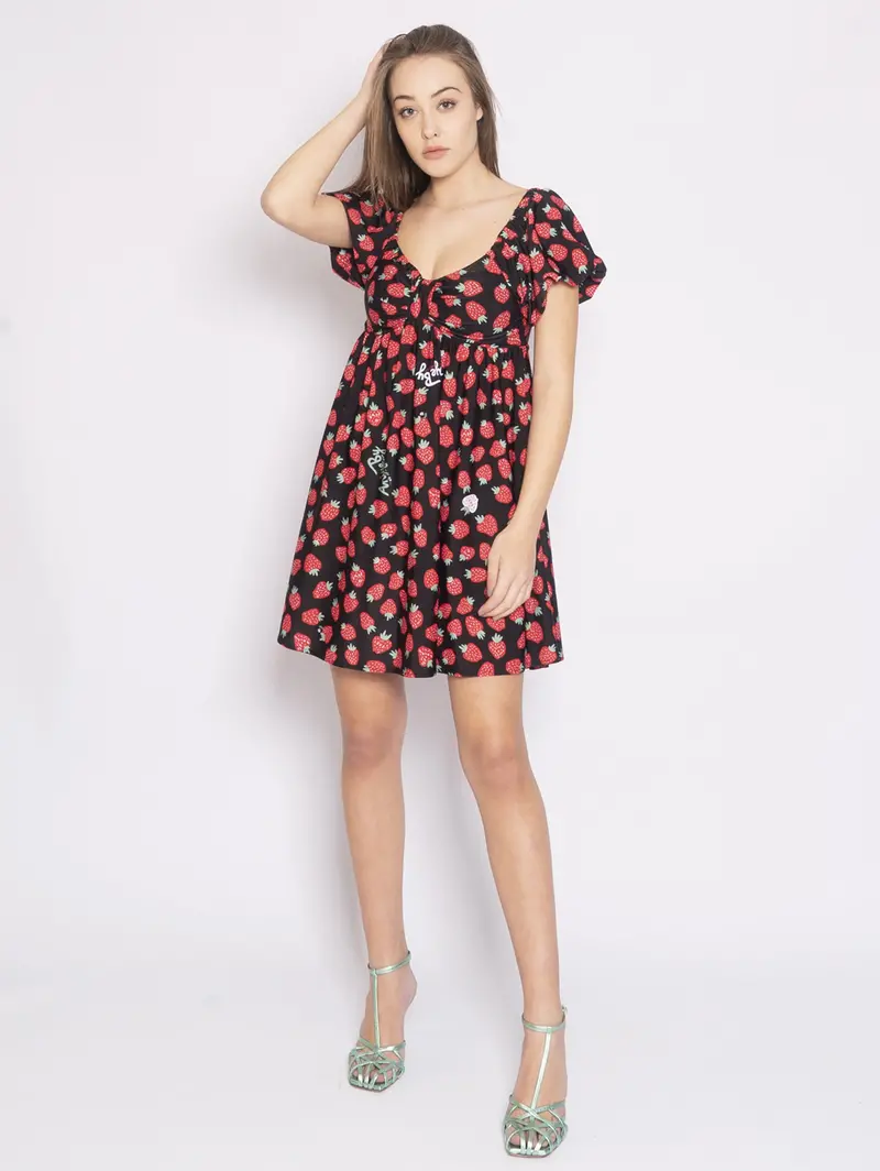 Black Strawberry-Print Short Dress 1