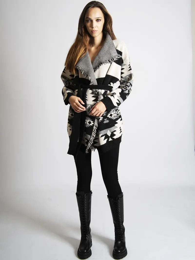 Black Striped Jacquard Wicker-Weave Coat 1