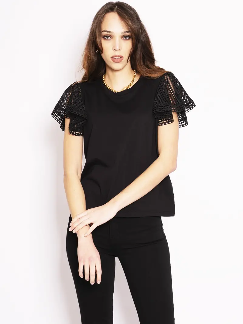 Black T-Shirt With Lace Sleeves 1