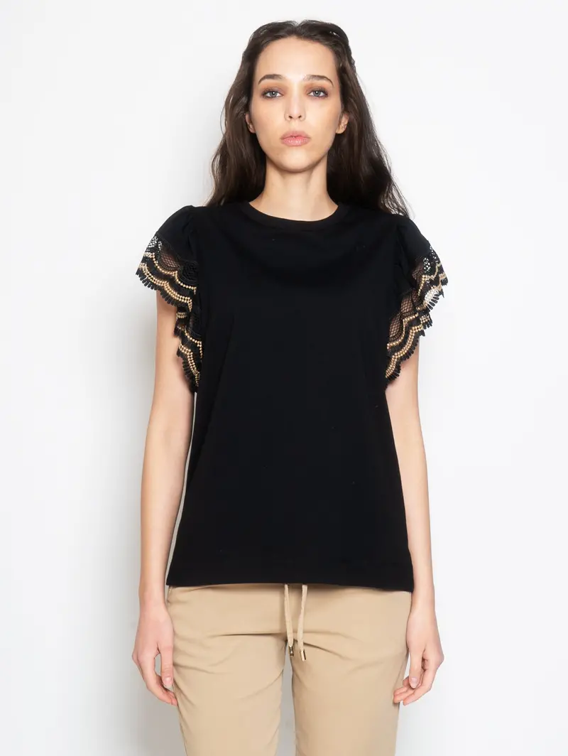 Black T-Shirt With Lace-Trimmed Sleeves 1