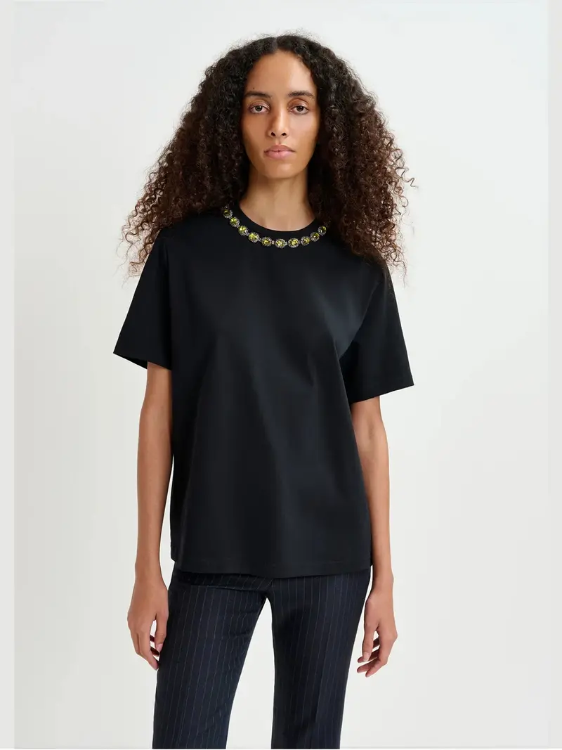 Black T-Shirt With Rhinestone Embroidery 1