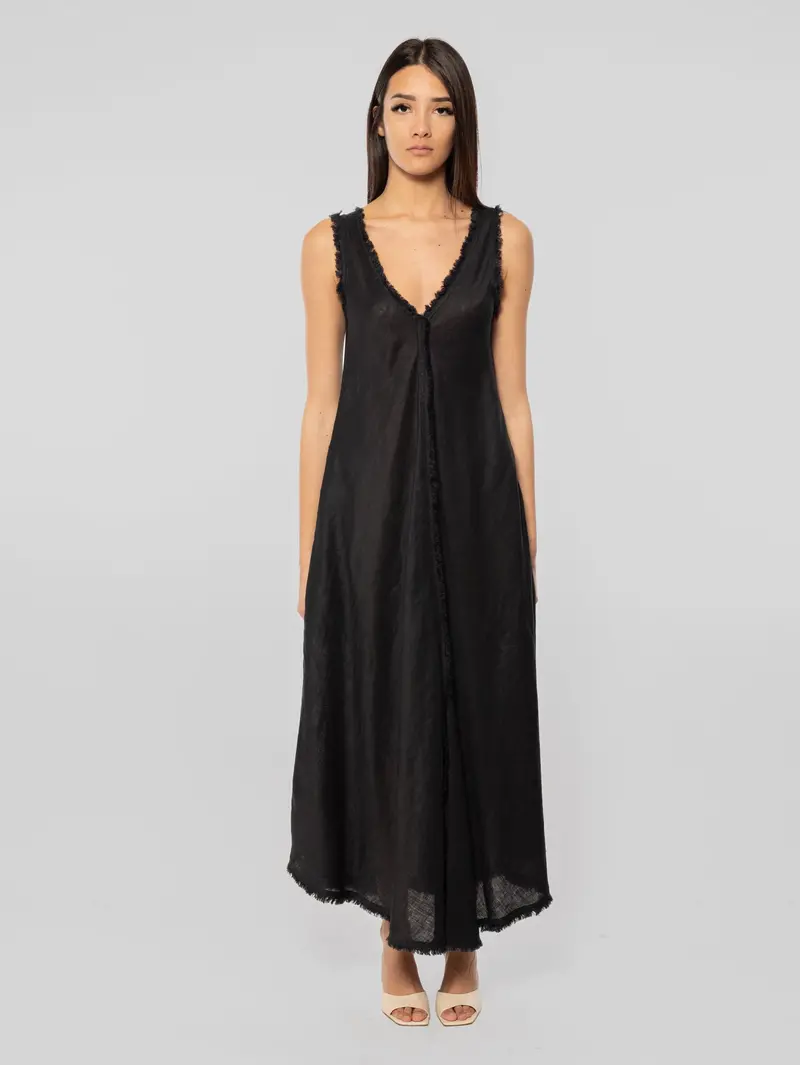 Black V-Neck Linen Dress 1