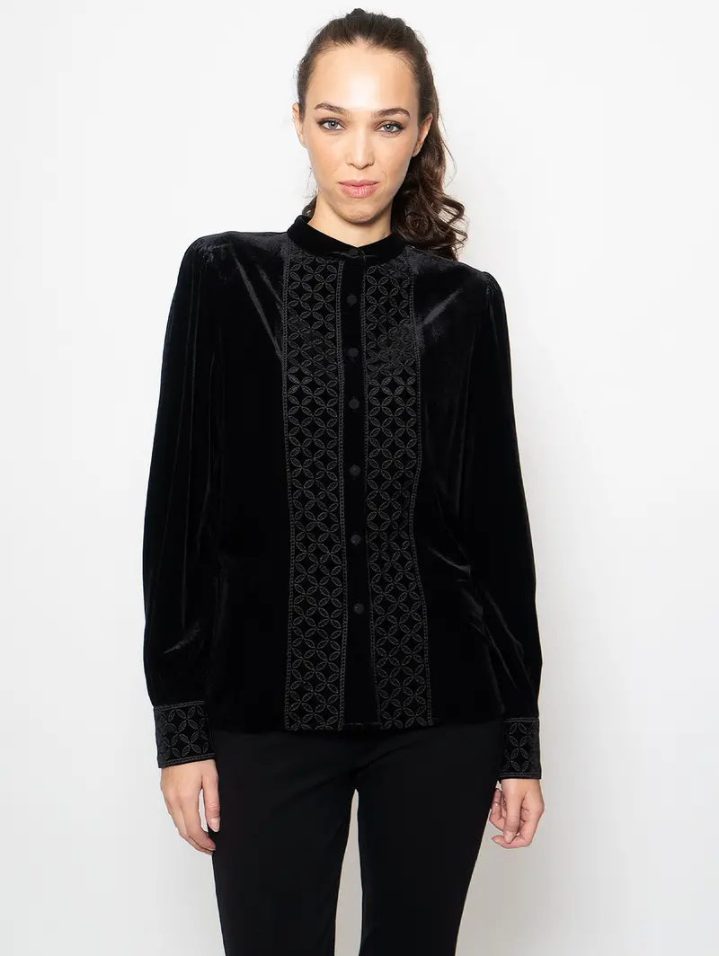 Black Velvet Shirt With Macramé Accents 1