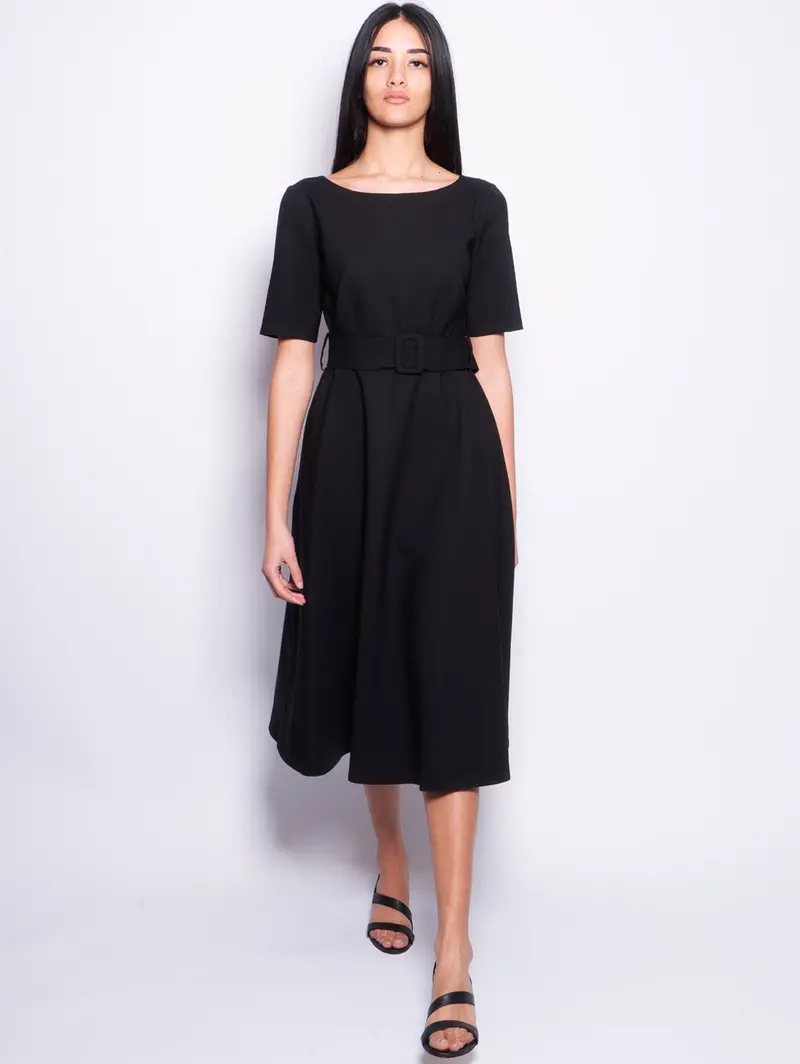 Black Wool Fresco Belted Dress 1