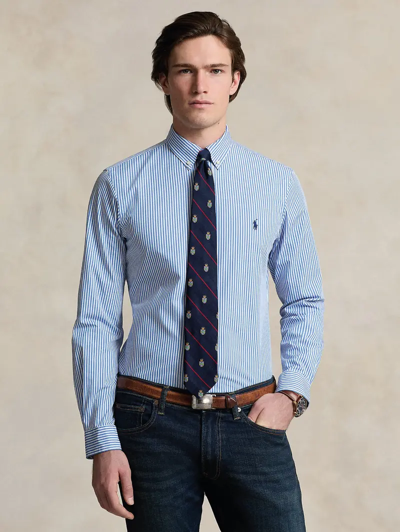 Blue-And-White Stretch Poplin Striped Shirt 1