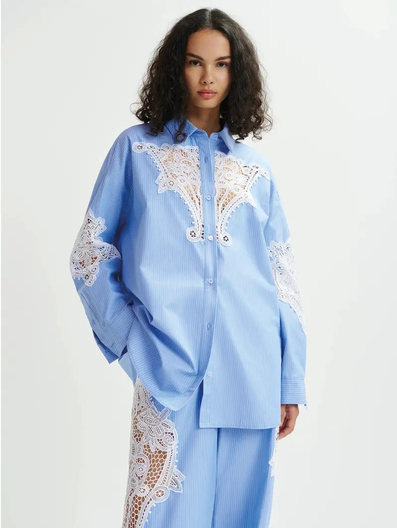 Blue And White Striped Blouse With Lace Trim 1