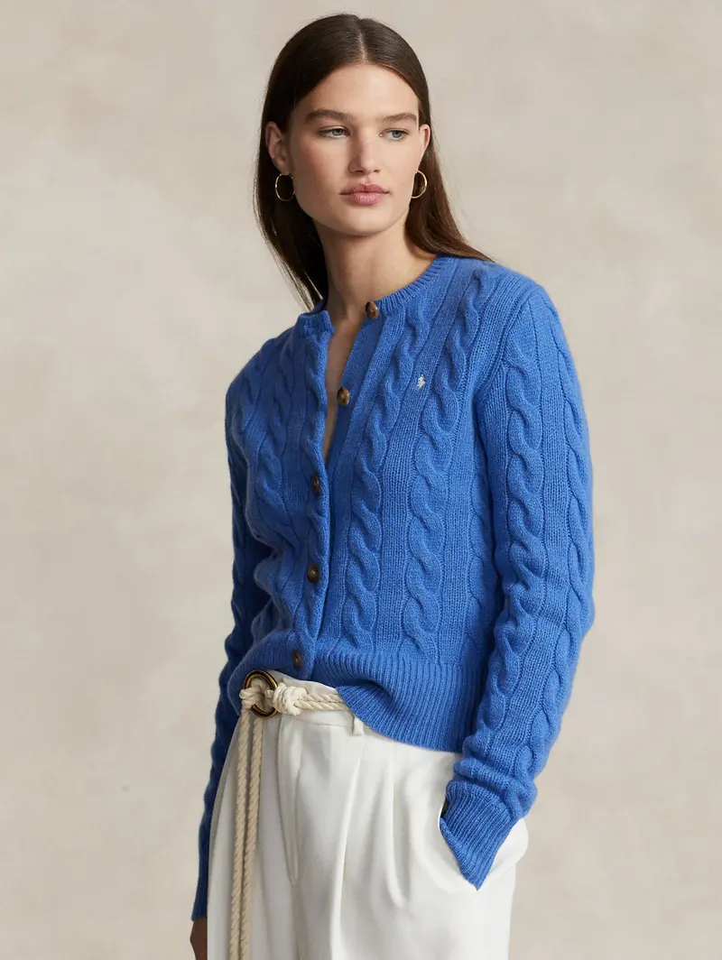 Blue Cable-Knit Cardigan With Scallop Hem 1