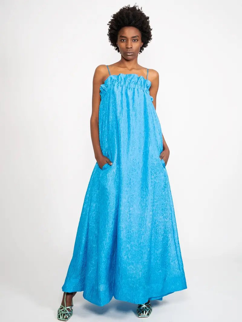 Blue Elastic-Waist Jacquard Dress 1