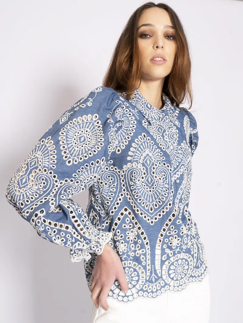 Blue Embroidered Sangallo Lace Shirt 1
