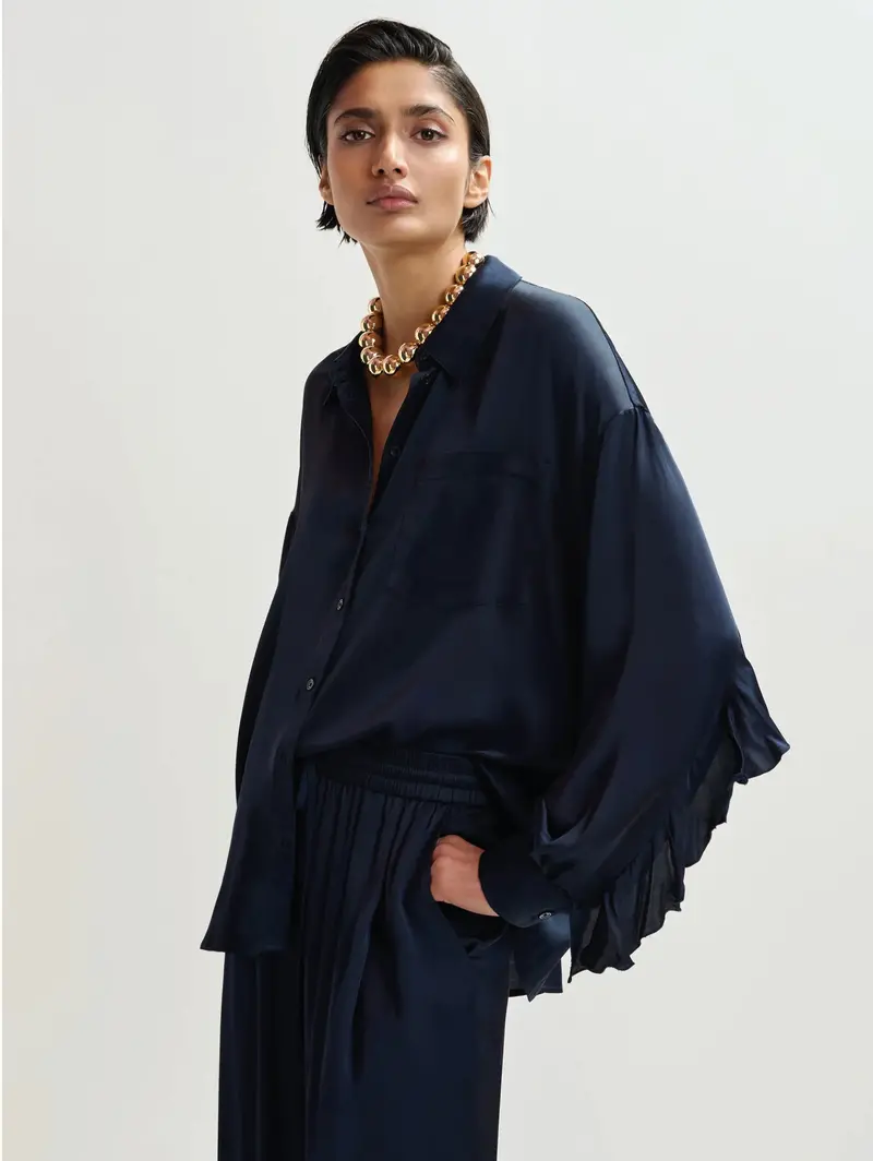 Blue Oversized Shirt With Sleeve Ruffles 1