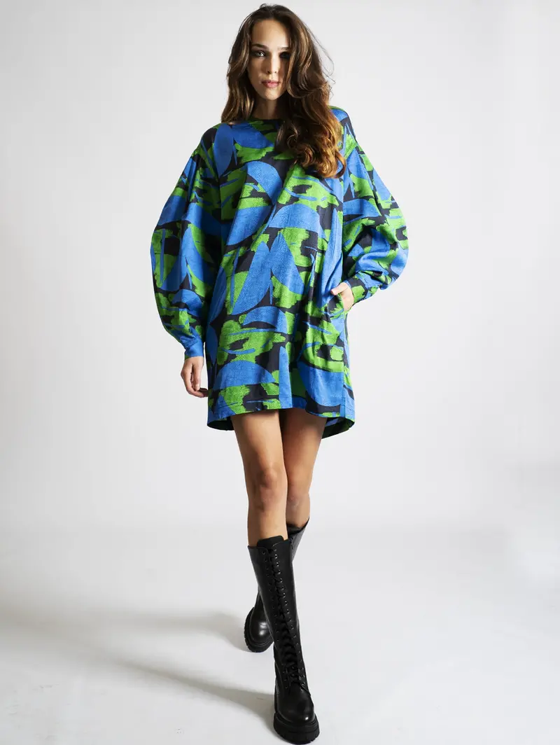 Blue Printed Balloon Mini Dress 1