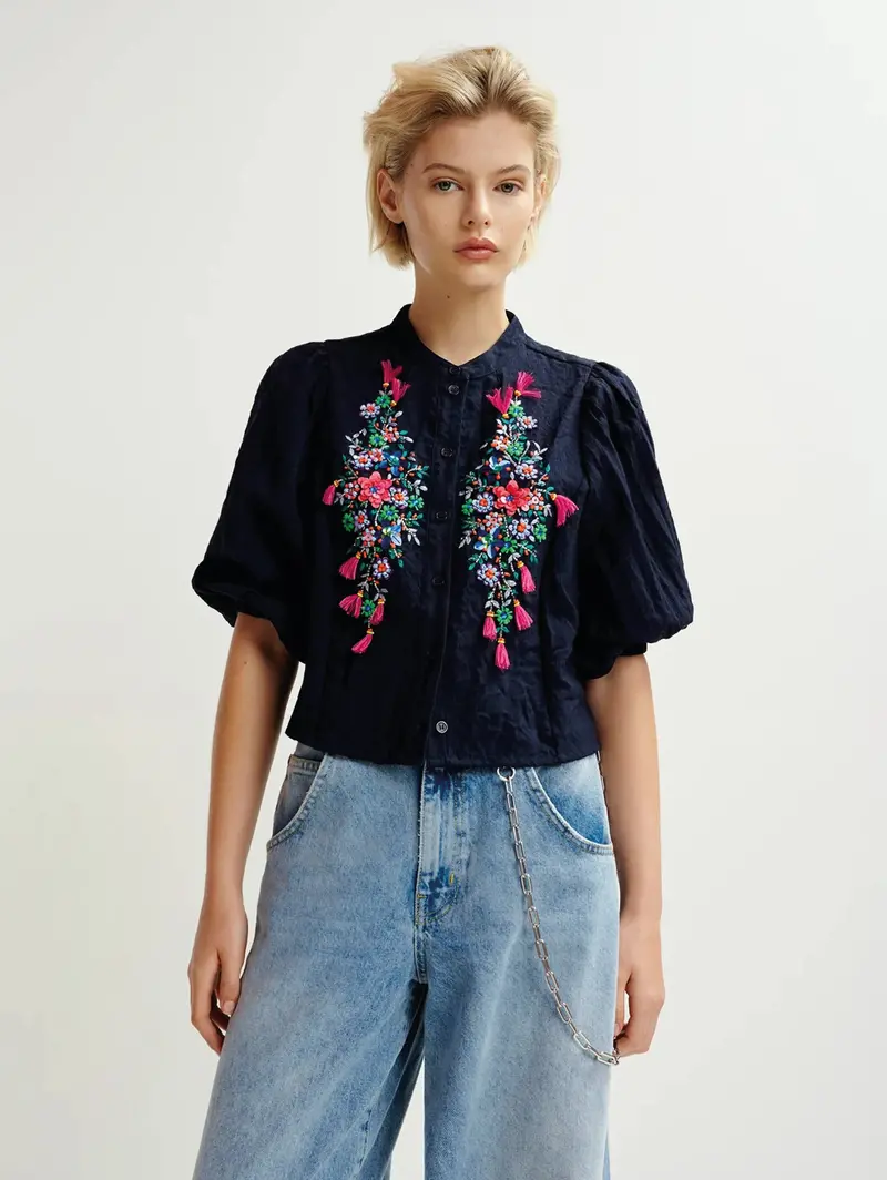 Blue Seersucker Shirt With Delicate Embroidery 1