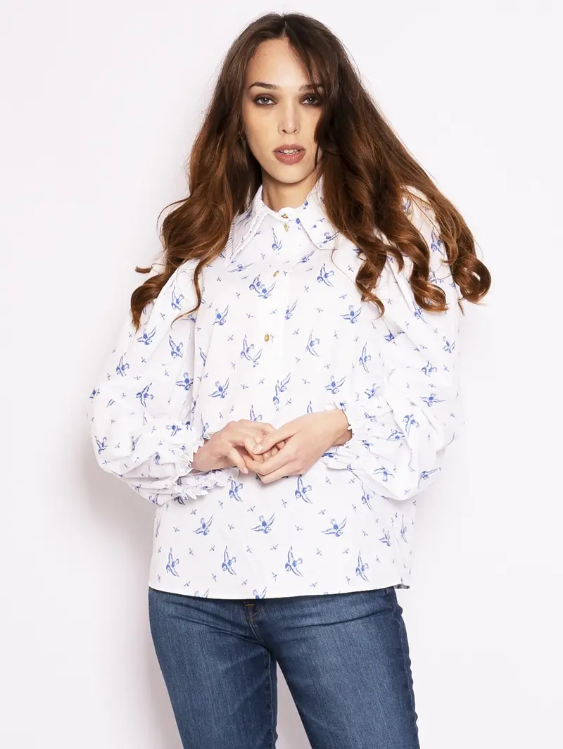 Blue Swallow-Print Shirt 1