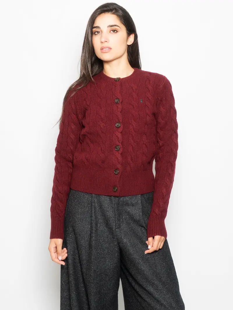 Bordeaux Braided Cardigan With Scallop Hem 1