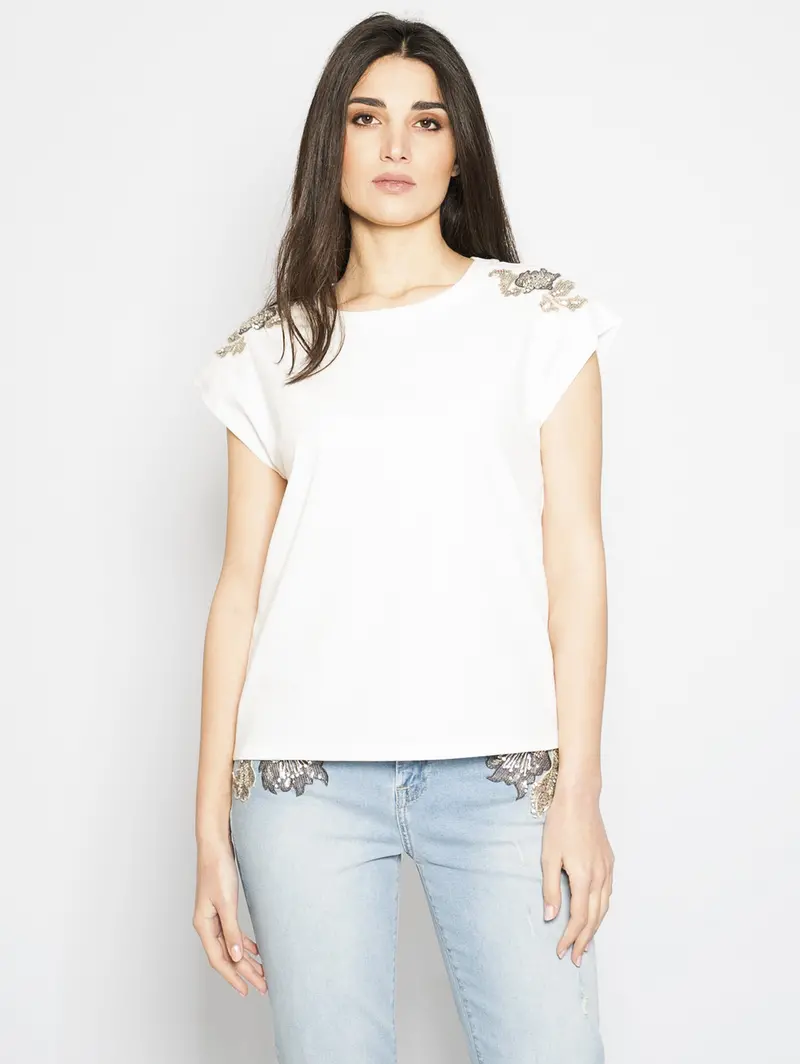 Boxy White T-Shirt With Embellished Stones 1